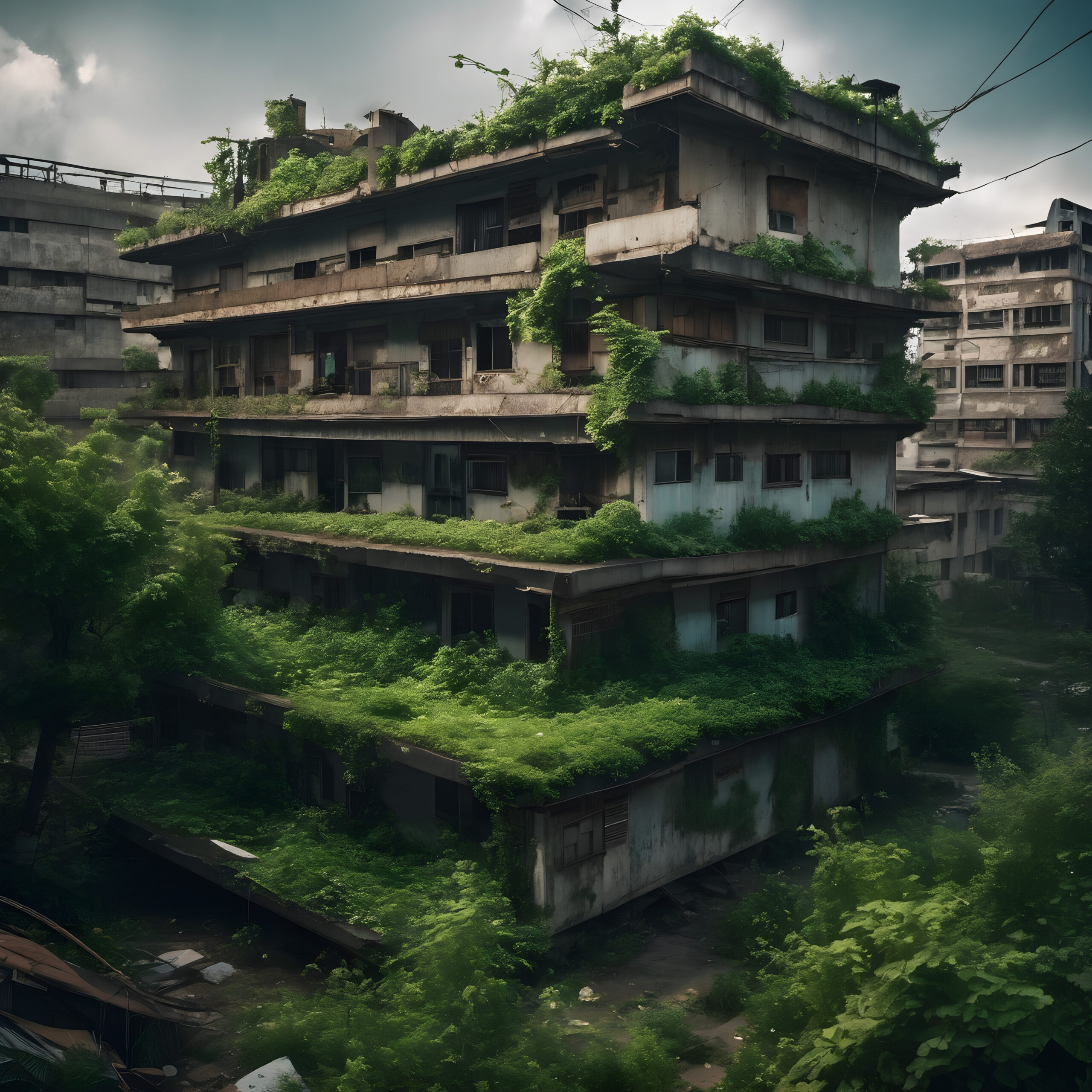 Abandoned Urban Building Overgrown with Greenery