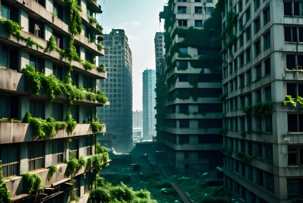 Abandoned cityscape overgrown by lush vegetation in urban decay.
