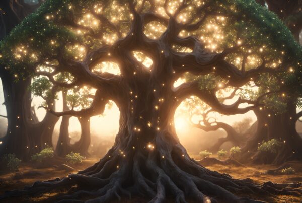 A majestic tree illuminated by glowing lights in an enchanted forest.