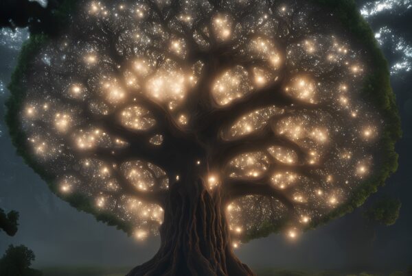 Majestic tree adorned with luminous, glowing lights in a mystical forest setting.