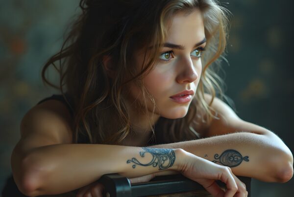 Young woman with tattooed arm leaning on chair, looking contemplative.