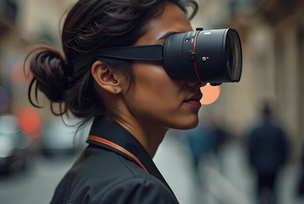 Woman wearing camera lens as virtual reality goggles in urban street.