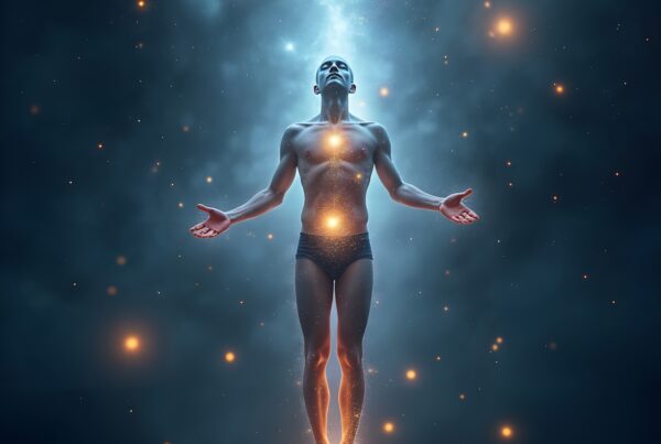 A man floats in cosmic space with glowing body, surrounded by stars and ethereal light.