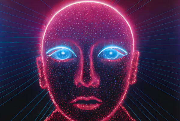 A stylized face with a science fiction or cyberpunk aesthetic.