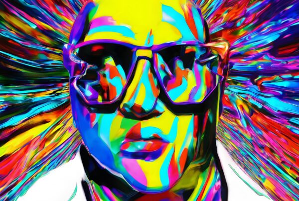 A vibrant pop art portrait with swirling, colorful abstract elements and large sunglasses, evoking a dynamic, psychedelic feel.