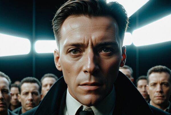 Portrait of a man with multiple identical figures in a futuristic setting.