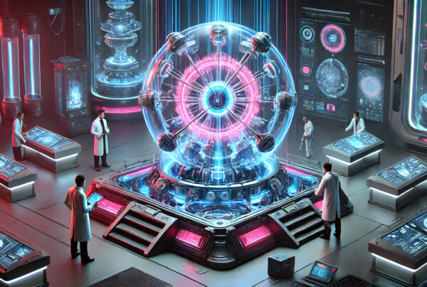 Scientists Analyze High-Tech Energy Core in Futuristic Laboratory Setting