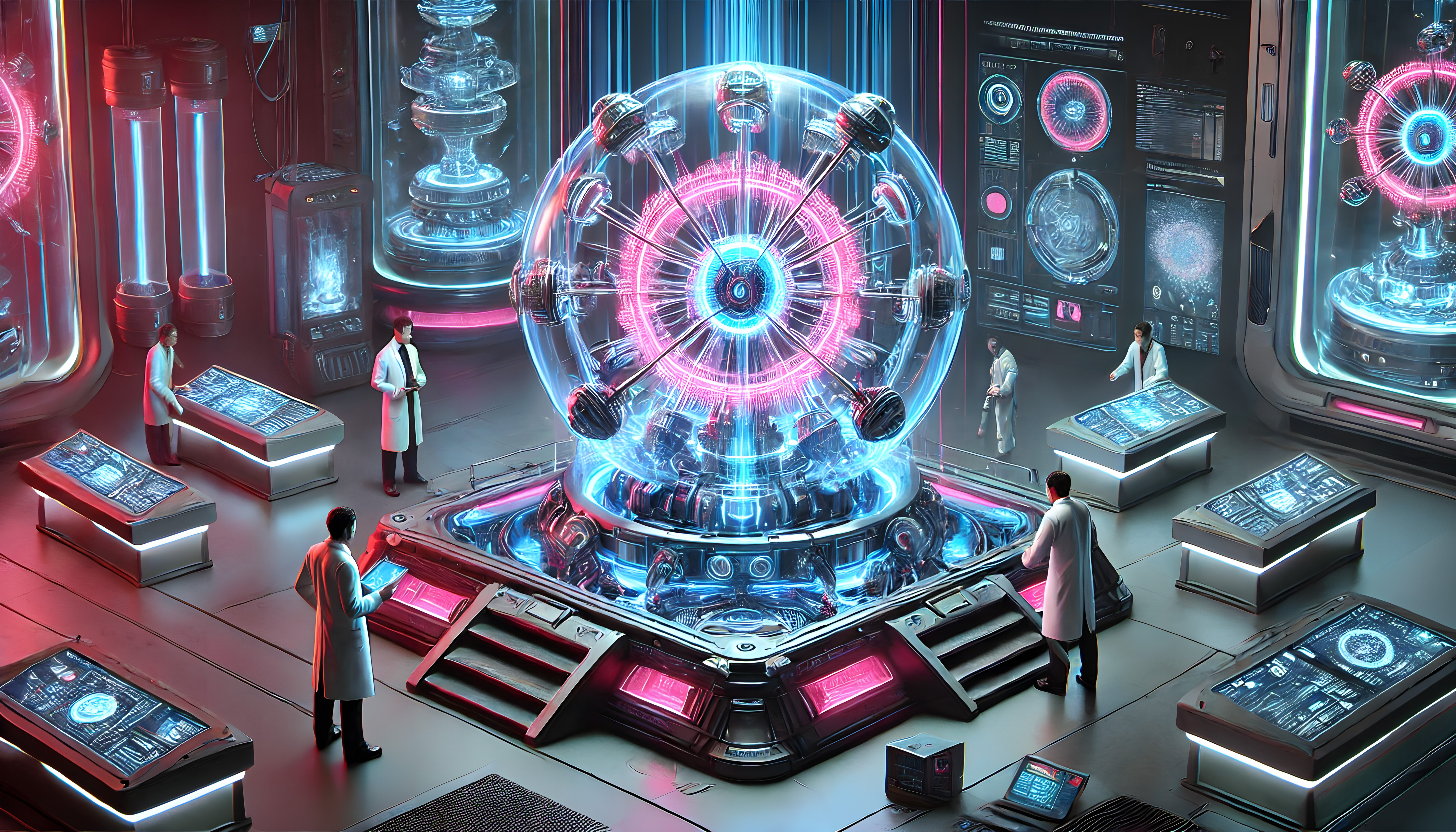 Scientists Analyze High-Tech Energy Core in Futuristic Lab