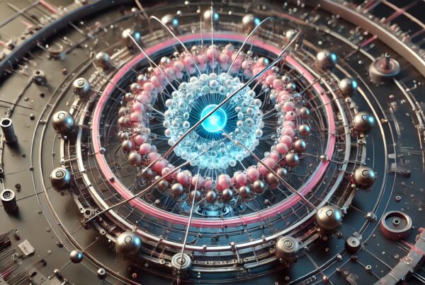 Futuristic circular digital apparatus with blue central light and metallic components.