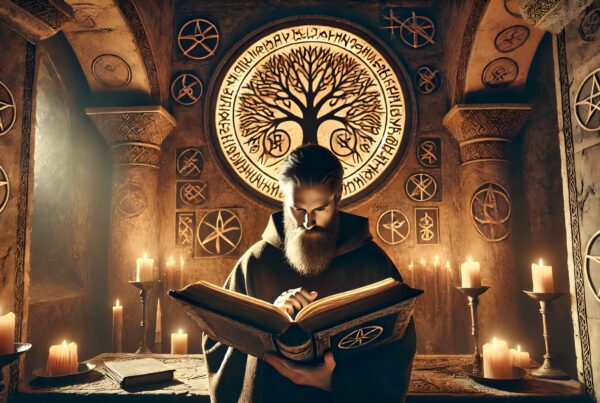 A wizard reading an ancient tome amidst symbols and flickering candlelight in a mystical chamber.