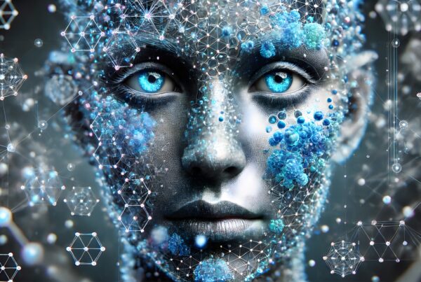 Futuristic humanoid with digital elements and blue eyes.
