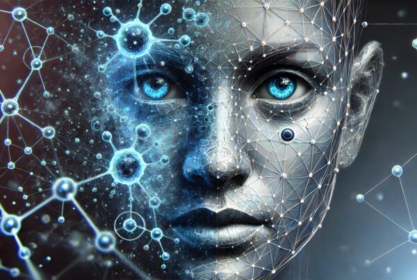 A futuristic face showing a blend of human and machine elements, showcasing technological integration.