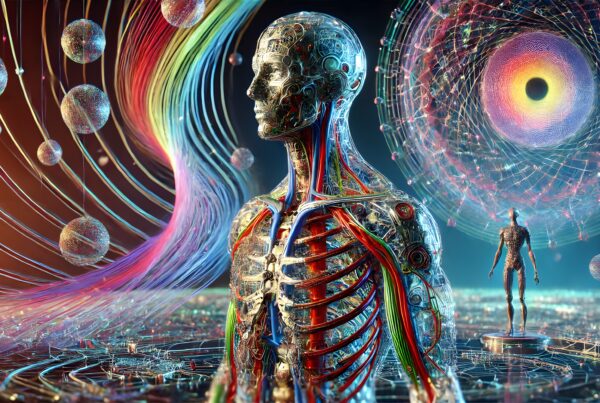 A futuristic artwork blending human and machine elements, depicting a humanoid figure with circuits amidst cosmic swirls and glowing structures.