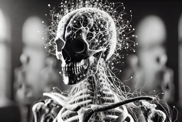 A detailed image of a human skeleton with neural pathways extending from the skull, symbolizing the complexity of human biology.