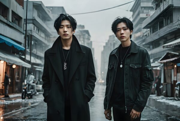 Two young men stand in a misty urban street, showcasing modern fashion against a backdrop of tall buildings and a moody atmosphere.