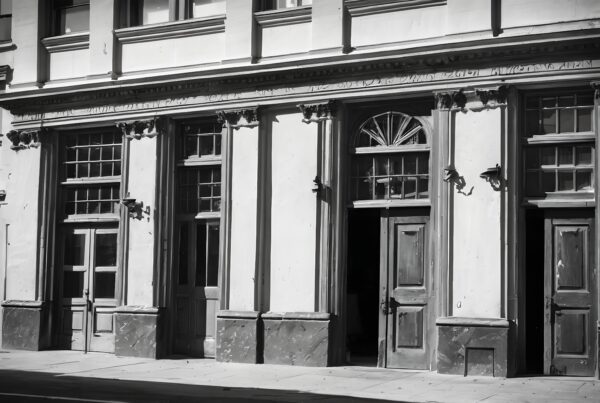 Black and white image of a historic building with ornate details and wooden doors, casting dramatic shadows in the sunlight.