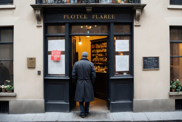 Man in gray coat entering charming Parisian shop.