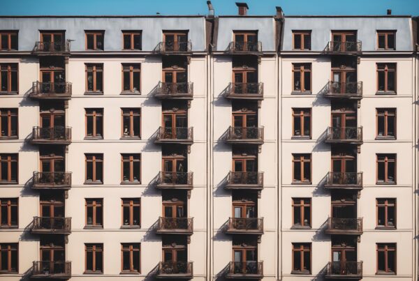 Facade of residential building with symmetrical arrangement of windows and balconies under a clear blue sky.