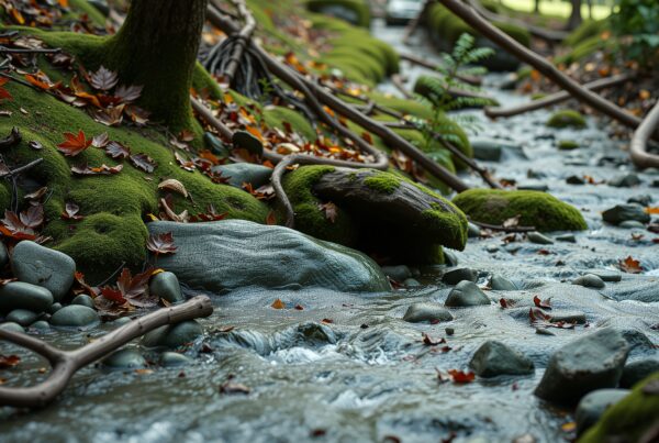 A small stream flows through a moss-covered forest, surrounded by autumn leaves.