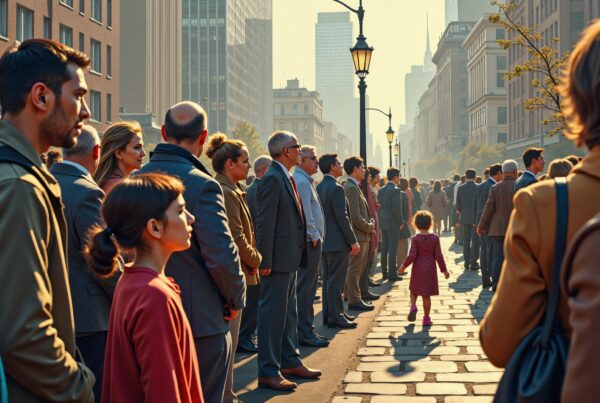 A little girl walks confidently down a city street, surrounded by adults.