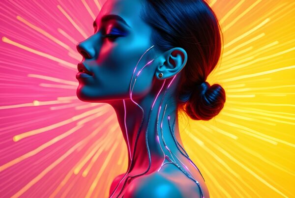Futuristic portrait of a woman with neon glowing lines, vibrant starburst background.