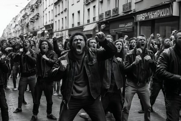 A large crowd passionately protests on a city street.