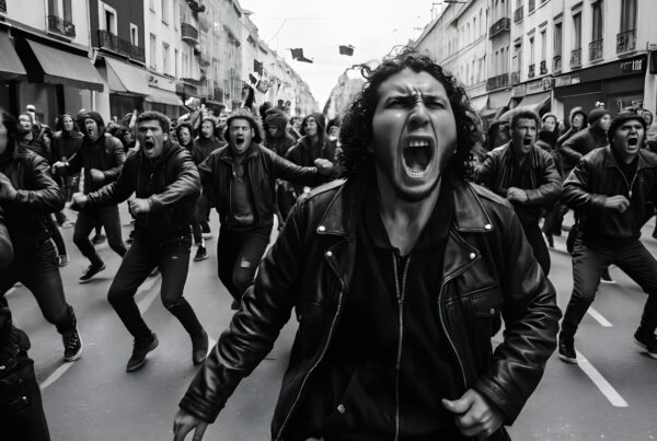 A black and white photo capturing a powerful street protest with a crowd of expressive young adults, led by a passionate figure in a leather jacket.