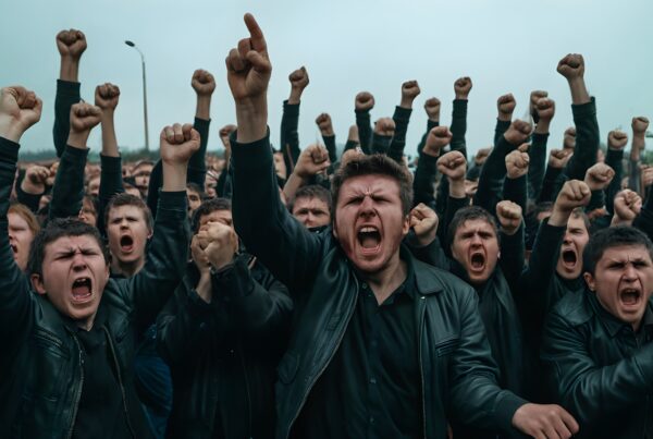 Image of a passionate protest with a large group of men raising their fists in solidarity, wearing matching dark clothing, and displaying intense emotion.