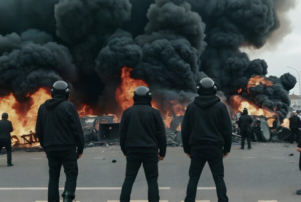 Protesters face raging fire and thick smoke during an intense urban demonstration.