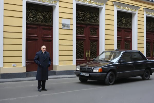 A man stands beside a car in front of an ornate building with maroon doors and golden accents.