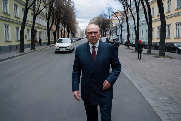 Man in suit walks down urban street lined with buildings and trees.