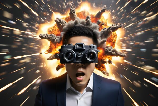 A man with camera eyes stands before an explosive fiery background, merging photography and chaos.