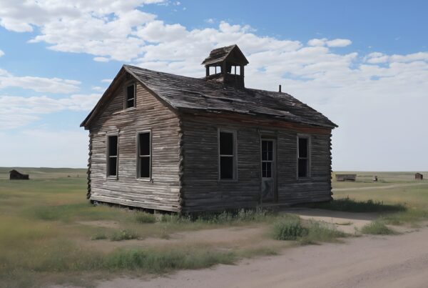 A weathered wooden schoolhouse on a vast, open plain under a blue sky with scattered clouds, evoking a sense of tranquil isolation.
