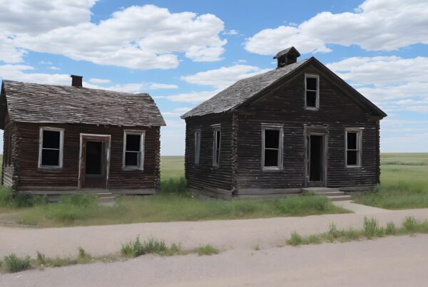 Two weathered, wooden houses in open countryside.