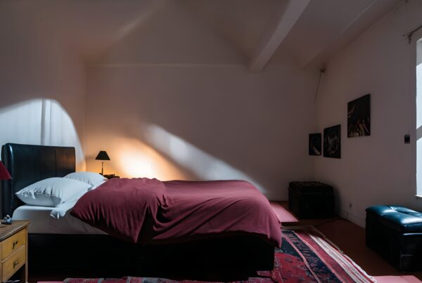 A cozy bedroom with maroon sheets, decorative art, and warm lighting.