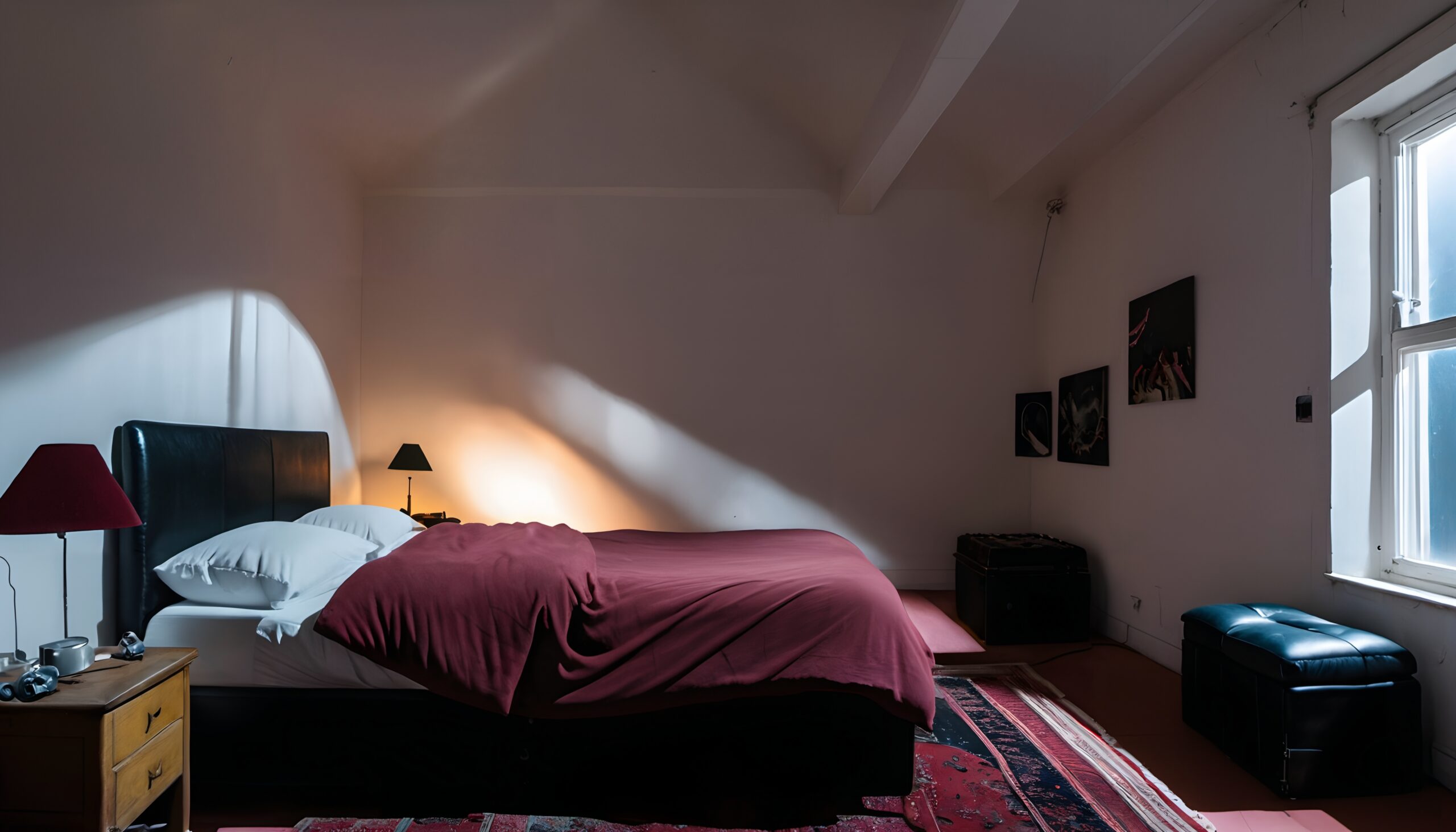 Cozy Bedroom with Maroon Sheets