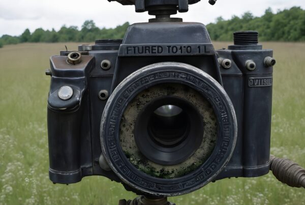 A large vintage camera with a rugged design sits amidst a green field under a cloudy sky, blending industrial aesthetics with nature.