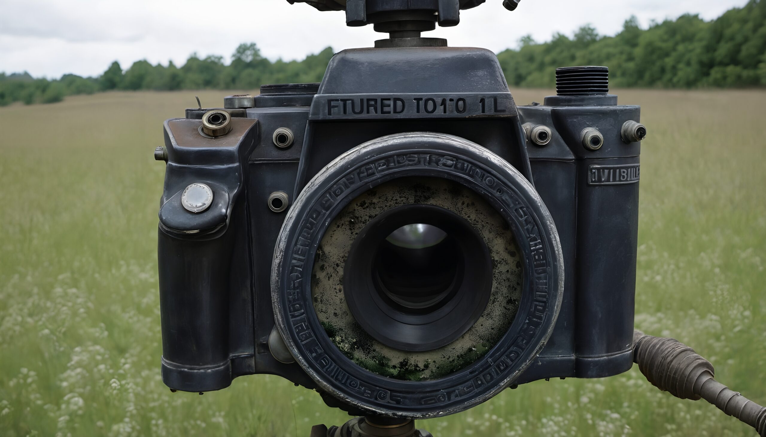Mechanical camera in green field