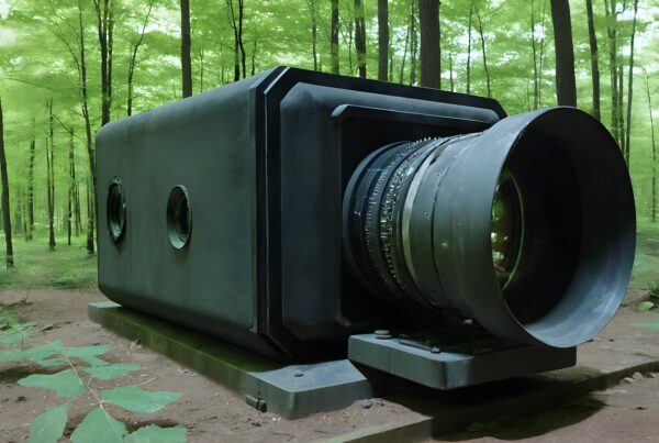 An oversized camera sculpture in a lush green forest, juxtaposing technology and nature.