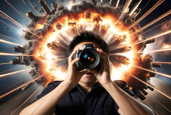 A person with a camera captures an epic explosion, merging reality with sci-fi elements.