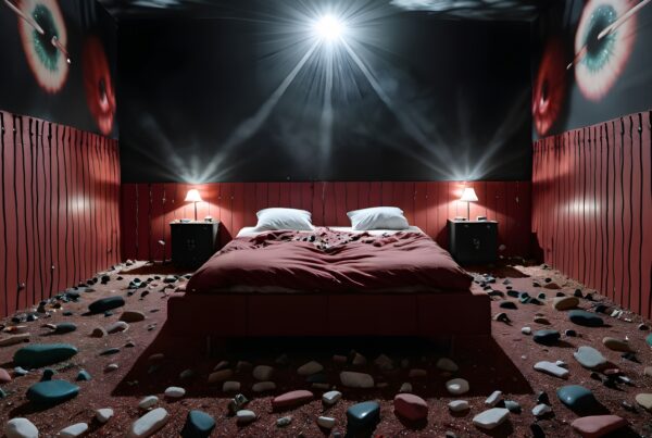 A surreal bedroom with red decor, featuring stones scattered across the floor, illuminated by dramatic lighting.