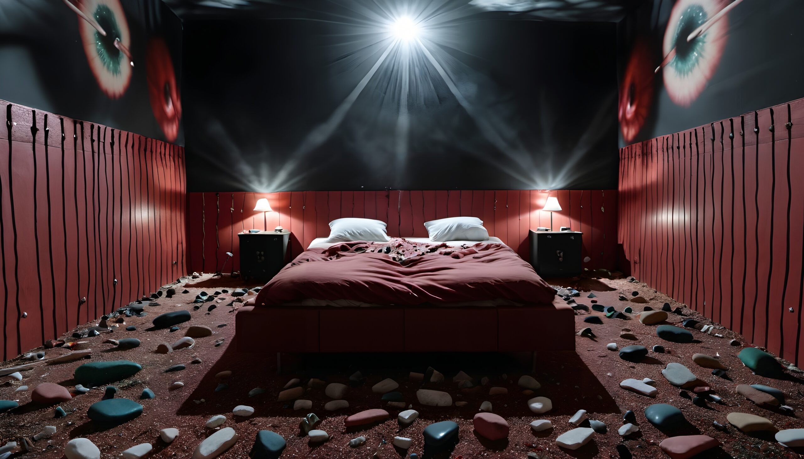 Surreal Red Bedroom with Rocks