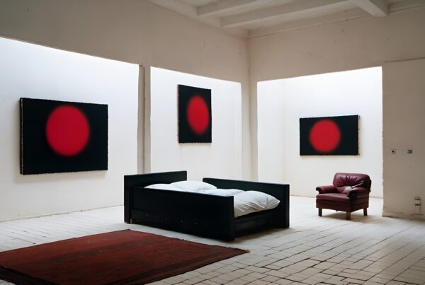 Minimalist room featuring red circle artwork, black bed, and red leather chair.