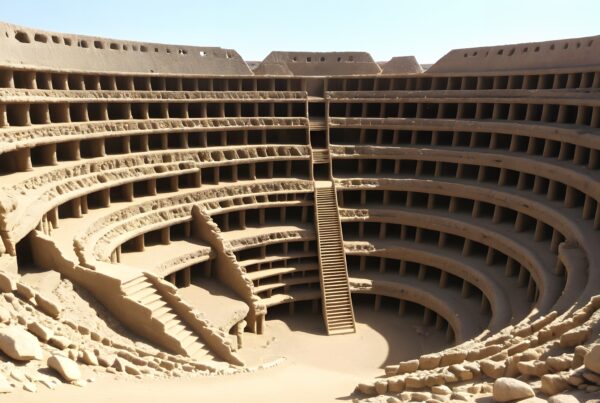 A grand ancient amphitheater structure carved into the earth, showcased under bright daylight.