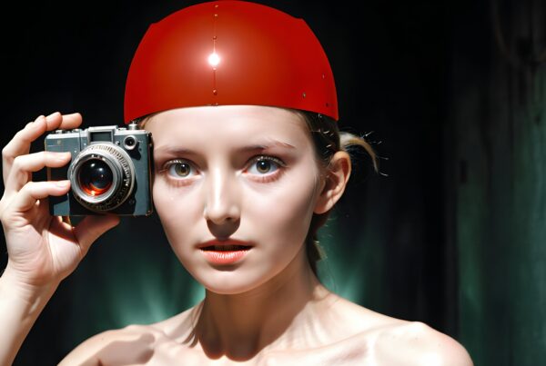 Young woman with vintage camera and red helmet, intense gaze, dark background.