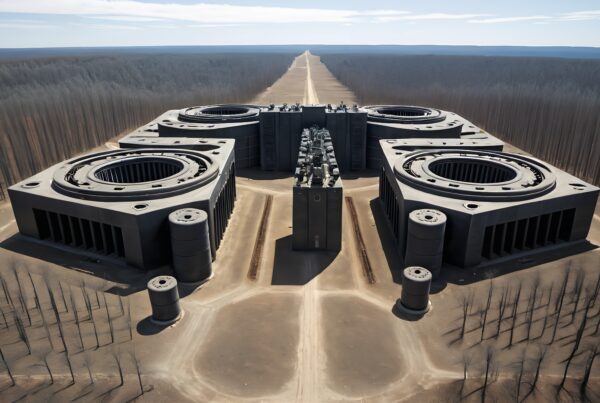 Futuristic structure with cylindrical units in barren landscape.
