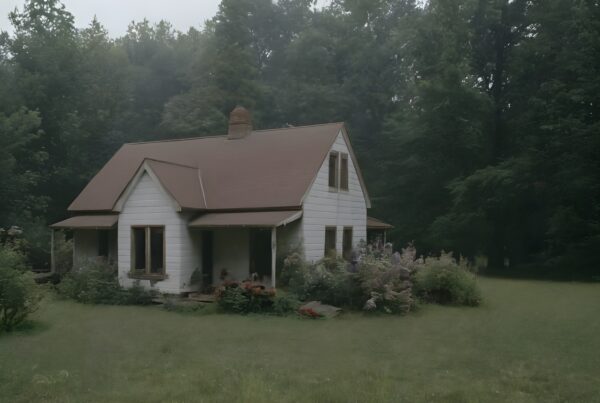 A small white cottage surrounded by dense forest and lush greenery, with a quaint and serene rural atmosphere.