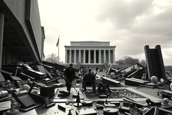 Artistic depiction of a classical building surrounded by scattered debris and figures under a cloudy sky, suggesting destruction and chaos.