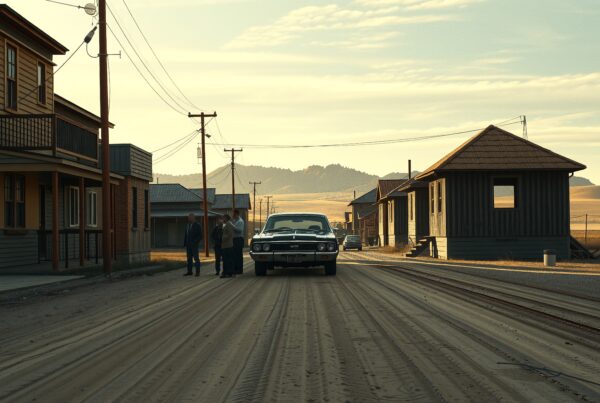 A vintage car parked on a dusty street in a small town at sunset, surrounded by nostalgic wooden buildings and gathering people.
