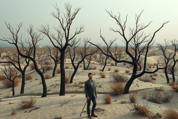 A man in a suit with a cane stands in a barren desert with gnarled trees.